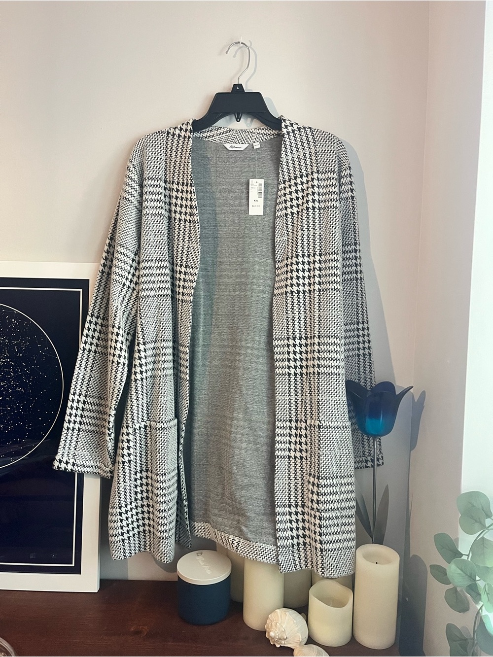 Reitmans Black & White Plaid Open-Front Cardigan